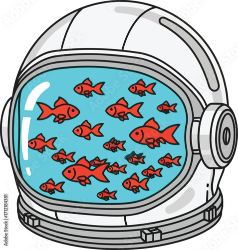 Astronaut Helmet Filled with Goldfish A Whimsical Space Adventure Illustration