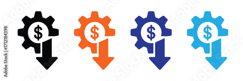 Set of four icons representing financial loss or cost reduction, with a dollar sign inside a gear and a downward arrow, isolated on white background