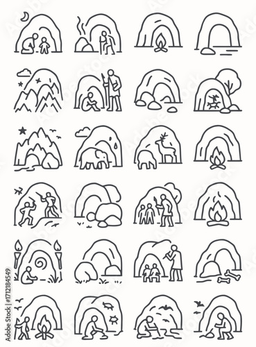Cave Dwellers A Collection of Line Art Illustrations Depicting Ancient Human Shelters and Habitats