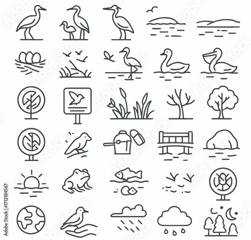 A comprehensive collection of thin line icons illustrating concepts of environmental protection, sustainability, and global care with hands holding planet Earth