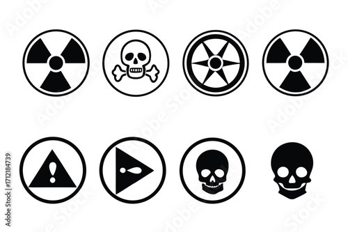Radiation sign, biohazard sign and toxic sign set vector . Set of hazard danger yellow and black vector signs symbol. Danger, warning icon set. Silhouette and outline style. Vector illustration.