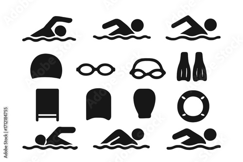 Swimming icons set with silhouettes of swimmers in various strokes, swimming equipment including goggles, caps, fins, kickboards, and lifebuoy, black vector cartoon illustration