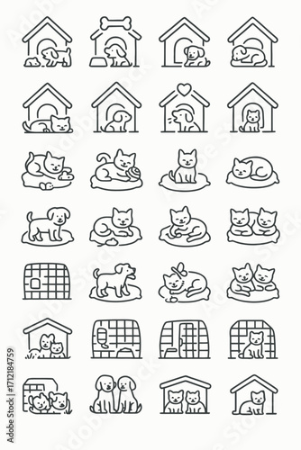 Vector line art icon set for pet care and animal shelter concepts, featuring cute dogs and cats in kennels, beds, and carriers