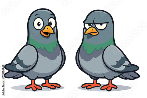Two cartoon pigeons standing side by side with distinct facial expressions, cute urban birds, cheerful and grumpy characters, colorful vector illustration for kids and design