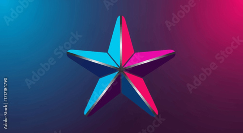 Three dimensional metallic star with vibrant blue and magenta lighting.