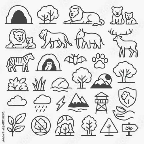 A collection of thin line icons depicting birds and birdhouses, illustrating concepts of spring, home, family, and nature's daily life