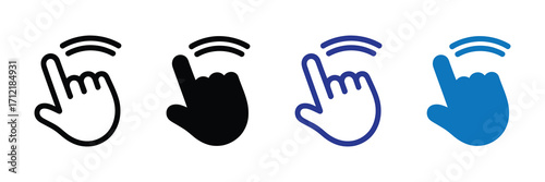 Set of four hand cursor icons representing touch gestures, including outline, solid black, outline blue, and solid blue versions, isolated on white background