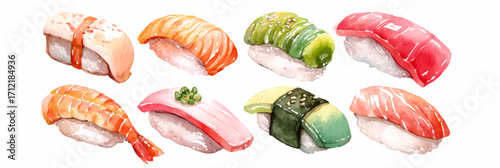 Vector illustration, Set of sushi Watercolor painting, banner.