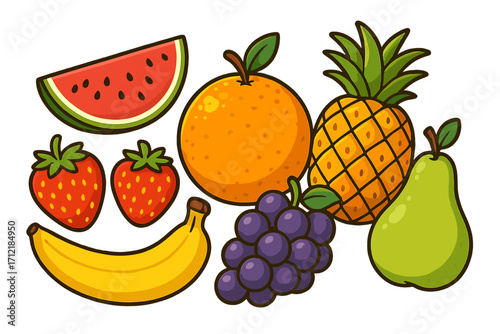 Colorful variety of fresh fruits arranged neatly on white background, vibrant cartoon vector illustration showcasing freshness, health, vitality, nutrition, and natural beauty