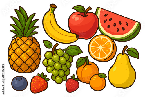 Colorful assortment of fresh fruits with pineapple, banana, apple, watermelon, grapes, orange, pear, and berries in vibrant cartoon vector illustration, healthy food concept