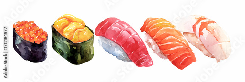 Vector illustration, Set of sushi Watercolor painting, banner.