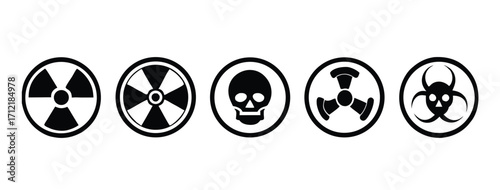 Radiation sign, biohazard sign and toxic sign set vector . Set of hazard danger yellow and black vector signs symbol. Danger, warning icon set. Silhouette and outline style. Vector illustration.