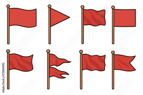 Various Red Flag Designs Set with Simple Background, Cartoon Vector Illustrations, Transparent Background, Multiple Flag Shapes and Styles, Versatile Use for Warning, Alert, Signal Concepts