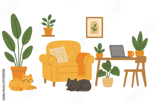 Cozy home interior vector illustration with indoor plants, sleeping cats, armchair, workspace desk, laptop, chair, and decorative elements in a peaceful domestic setting