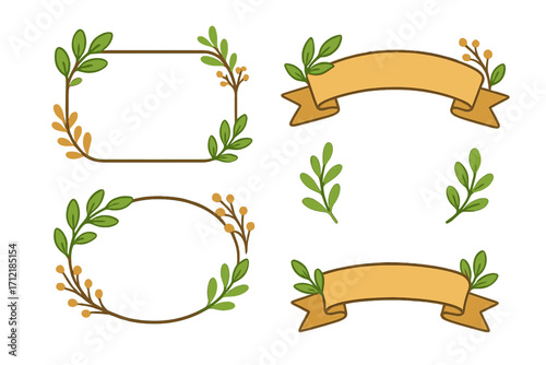 Decorative vector frames and banners with natural floral and leaf elements, elegant flat design for versatile creative projects, invitations, cards, and branding with transparent background