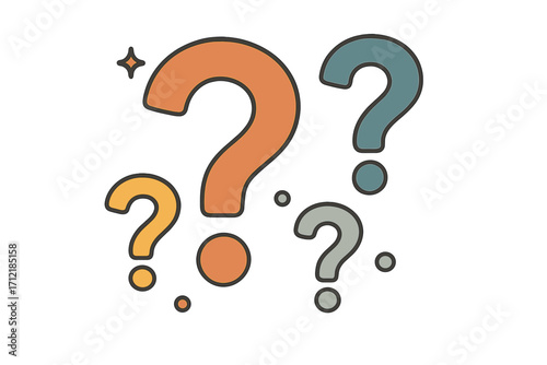 Colorful question marks vector illustration symbolizing inquiry, curiosity, problem-solving, confusion, and questioning in a minimalist cartoon style with transparent background