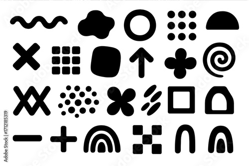Vector flat illustration featuring diverse black abstract shapes and modern design patterns for creative graphic projects and contemporary visual compositions