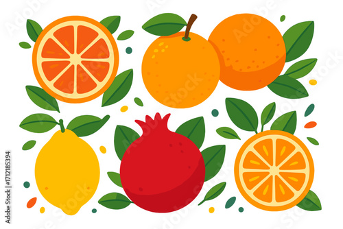 Vibrant citrus fruits and pomegranate vector illustration with juicy lemon, orange slices, whole oranges and fresh green leaves in colorful flat cartoon design