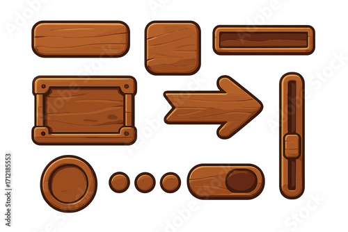 Wooden interface elements set for digital applications and games, vector cartoon buttons and controls with arrows, sliders, and frames, UI design components, transparent background, ordered collection