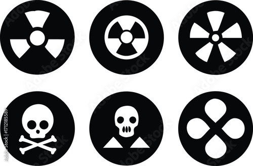 Radiation sign, biohazard sign and toxic sign set vector . Set of hazard danger yellow and black vector signs symbol. Danger, warning icon set. Silhouette and outline style. Vector illustration.