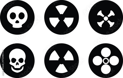Radiation sign, biohazard sign and toxic sign set vector . Set of hazard danger yellow and black vector signs symbol. Danger, warning icon set. Silhouette and outline style. Vector illustration.