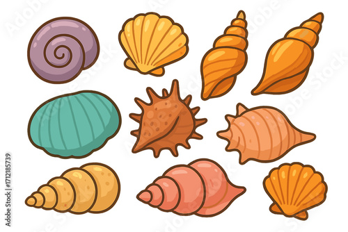 Colorful seashell collection with various shapes and textures, vector cartoon illustration, marine shell set, ocean beach elements, transparent background design