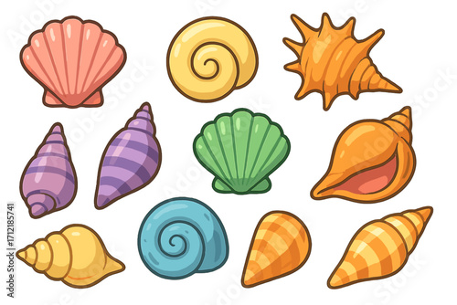 Variety of colorful seashells in different shapes and textures arranged on soft background, bright marine shells collection, ocean beach summer vector cartoon illustration with transparent background