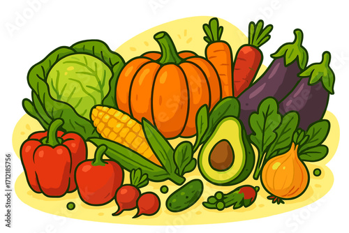 Fresh vegetable assortment cartoon vector illustration. Healthy organic food for a vegan diet. Farm market harvest bounty with pumpkin, corn, avocado, pepper. Isolated produce.