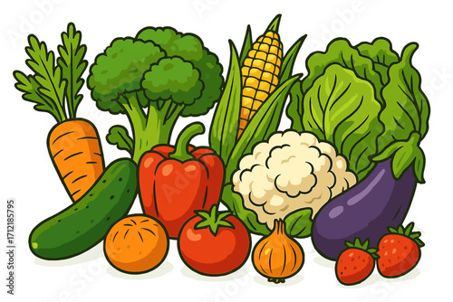 Colorful assortment of fresh vegetables and fruits. Vector cartoon illustration of nature's bounty. Healthy organic food for diet, nutrition, vegetarian, and vegan lifestyle.