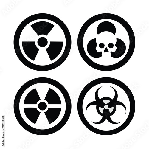 Radiation sign, biohazard sign and toxic sign set vector . Set of hazard danger yellow and black vector signs symbol. Danger, warning icon set. Silhouette and outline style. Vector illustration.