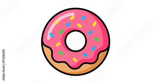 Cartoon pink frosted donut with colorful sprinkles illustration.