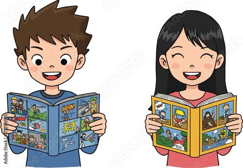 Cartoon children reading comics, happy boy and girl with colorful books, playful learning, fun reading activity, vector illustration  children reading comics, happy boy and girl with