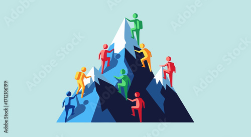 Group of colorful climbers scaling a mountain summit together.