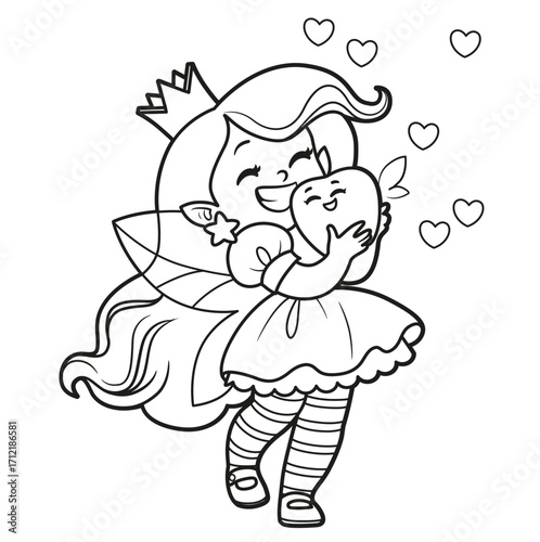 Cute cartoon tooth fairy holding a baby tooth in hands outlined for coloring on white background