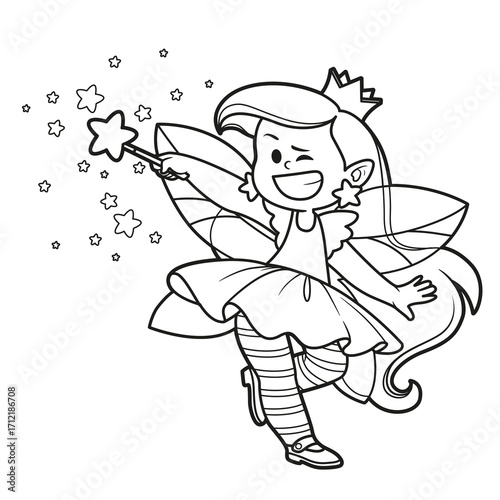 Cute cartoon fairy princess casts spell with magic wand outlined for coloring page isolated on white background
