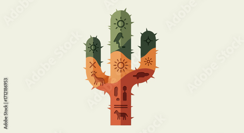 Stylized saguaro cactus illustration with internal symbolic graphics.
