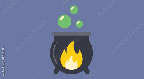 Magic Potion Brewing in a Black Cauldron over Fire.