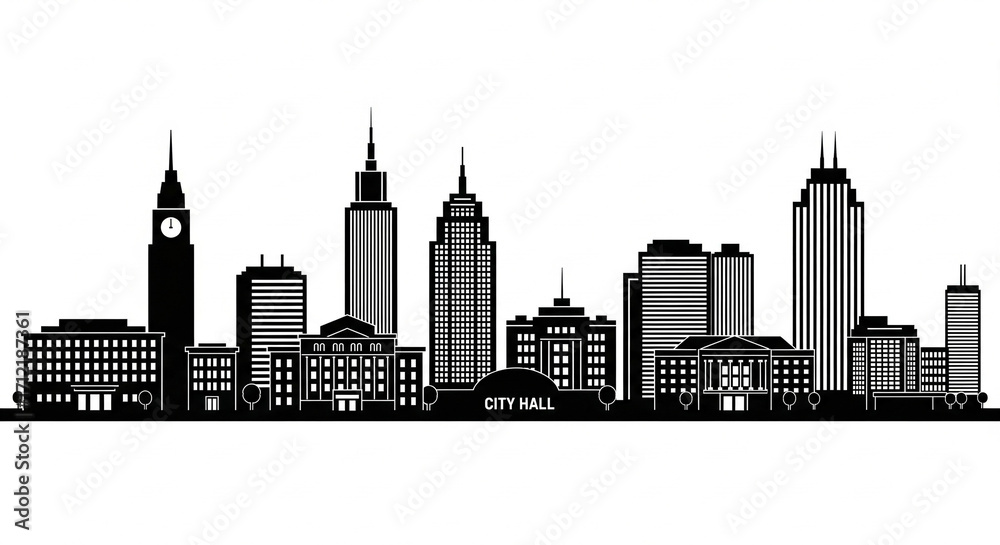 Naklejka premium A minimalist city silhouette vector illustration featuring tall buildings, a city hall, and office towers. Ideal for infographics, presentations, and design templates.