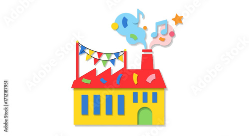 Whimsical cartoon factory producing colorful musical smoke.