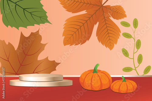 Autumn Scene with Product Display Podium and Pumpkins