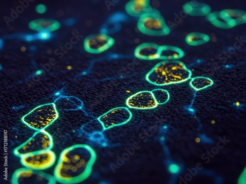 Luminous abstract pattern of green-bordered, yellow-filled shapes connected by glowing blue lines on a dark, textured surface, evoking microscopic life or digital circuits.