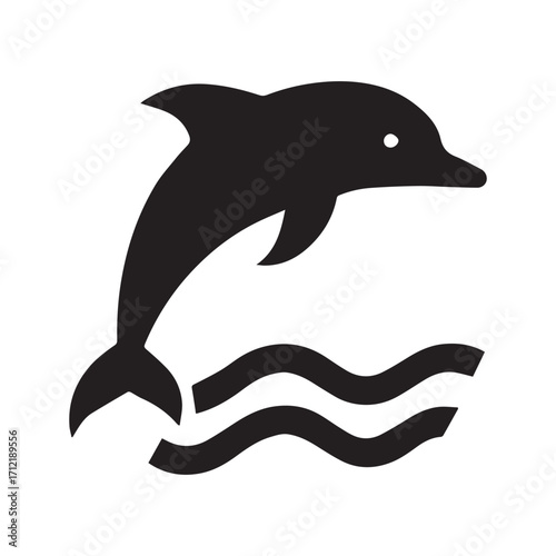Playful dolphin leaping above ocean waves silhouette symbolizing freedom joy marine life and aquatic fun in a simple graphic