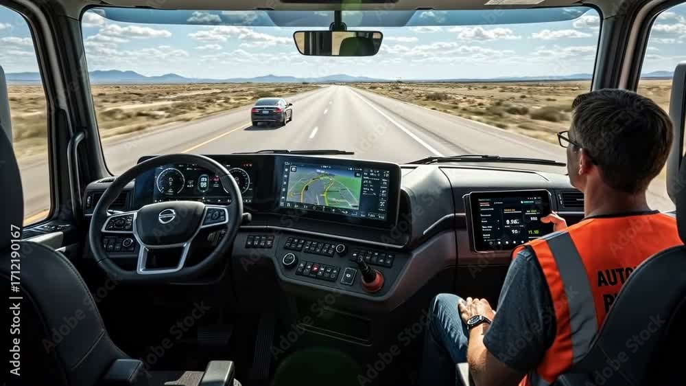 Truck Driver Activates The Autopilot System On A Desert Road, Taking ...