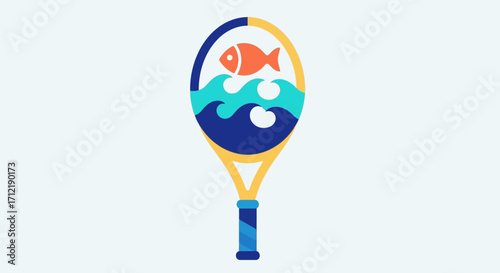 Tennis Racket with Fish and Waves Design - A Unique Sporting Icon.
