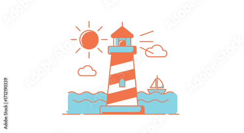 Minimalist line art illustration of a striped lighthouse.