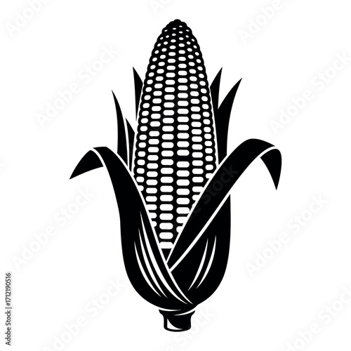 Black silhouette of a corn cob isolated on white background