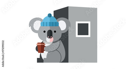 Cute cartoon koala wearing a blue winter hat holding a drink.