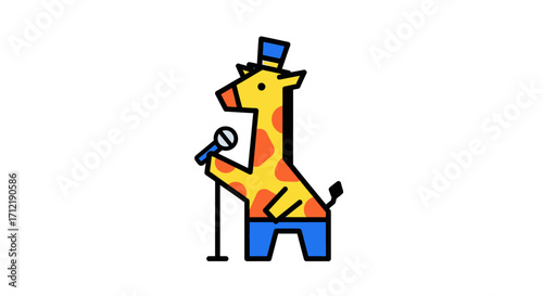 Cartoon Giraffe Singer with Microphone and Top Hat.
