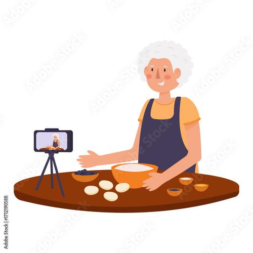 Grandma blogger shoots a culinary blog. Baking, blogger, eggs, dough, flour, spices, blog, online, elderly