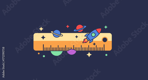 Ruler with planets and rocket in space illustration.